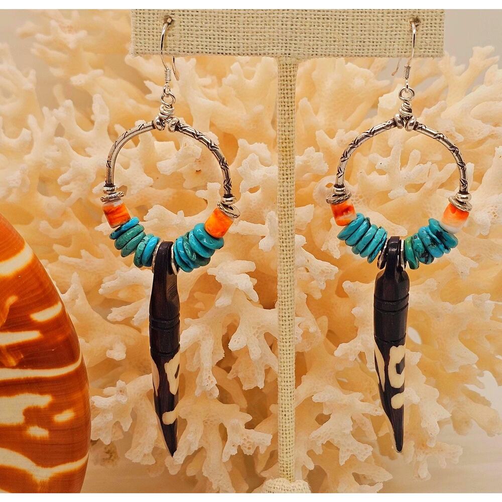 Turquoise Kenya Bone Spiny Oyster Sterling Artisan Teardrop Earrings